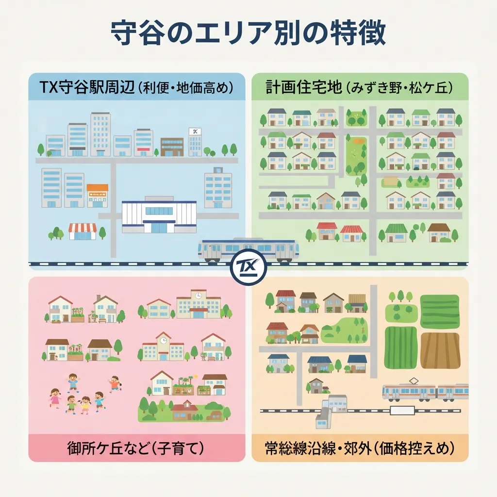守谷のエリア別マップ